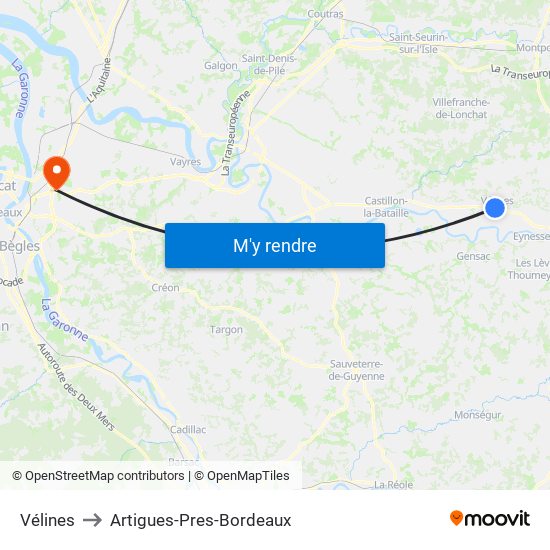 Vélines to Artigues-Pres-Bordeaux map