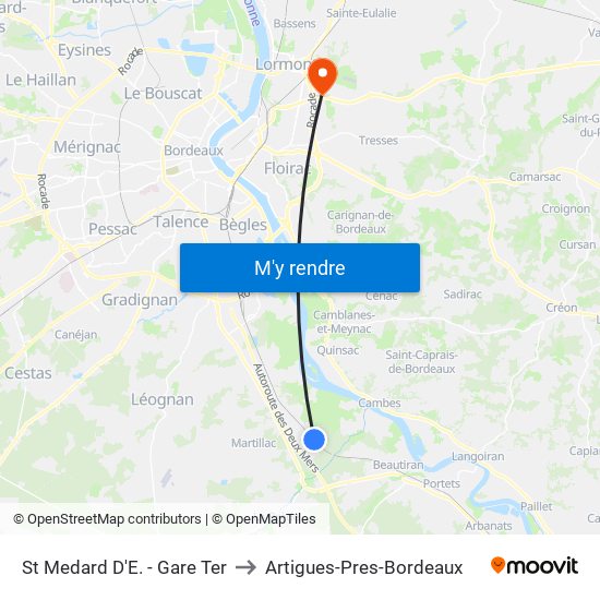 St Medard D'E. - Gare Ter to Artigues-Pres-Bordeaux map