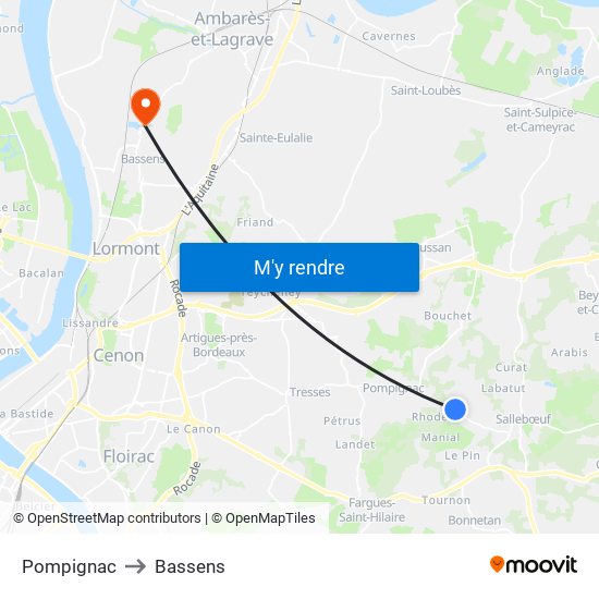 Pompignac to Bassens map