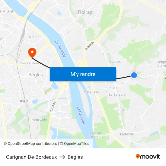 Carignan-De-Bordeaux to Begles map
