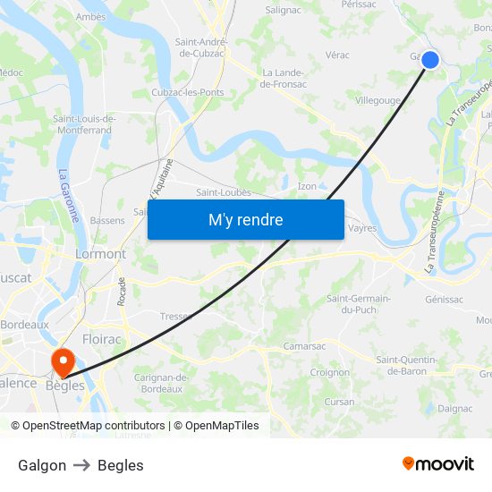 Galgon to Begles map