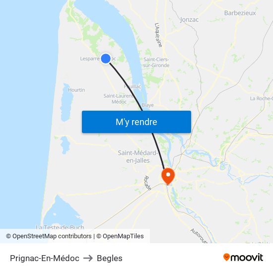 Prignac-En-Médoc to Begles map