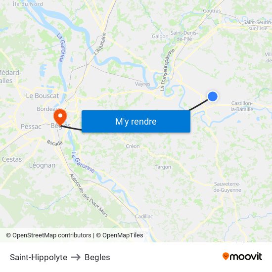 Saint-Hippolyte to Begles map