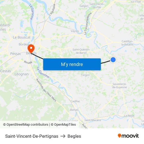 Saint-Vincent-De-Pertignas to Begles map