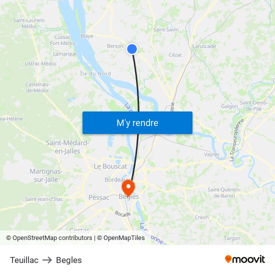 Teuillac to Begles map