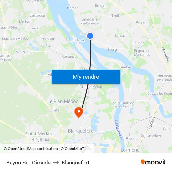 Bayon-Sur-Gironde to Blanquefort map