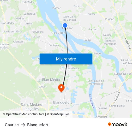 Gauriac to Blanquefort map