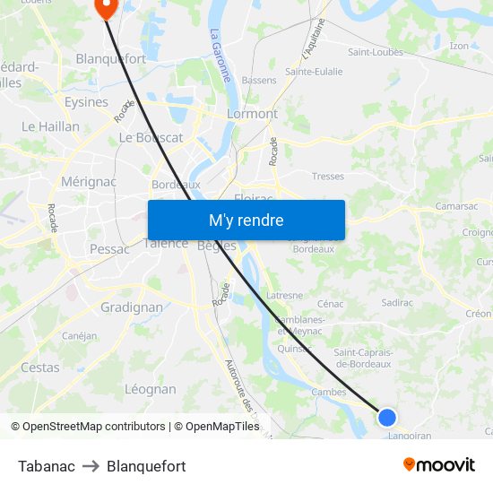 Tabanac to Blanquefort map