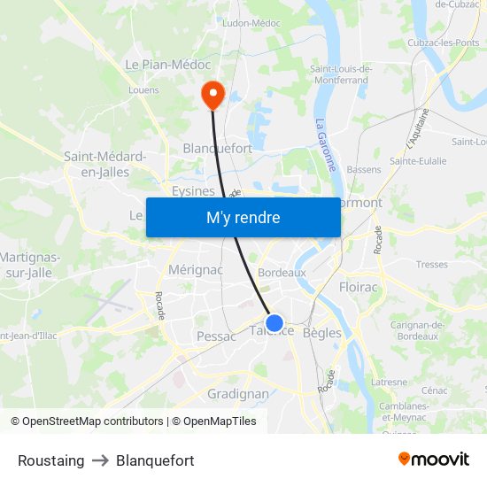 Roustaing to Blanquefort map