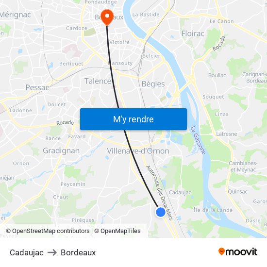 Cadaujac to Bordeaux map