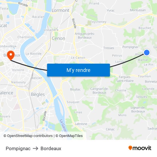 Pompignac to Bordeaux map