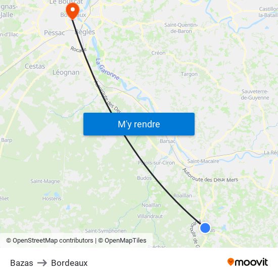 Bazas to Bordeaux map