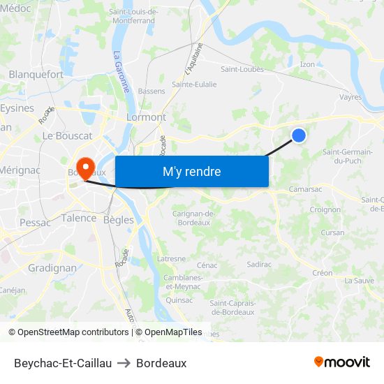 Beychac-Et-Caillau to Bordeaux map