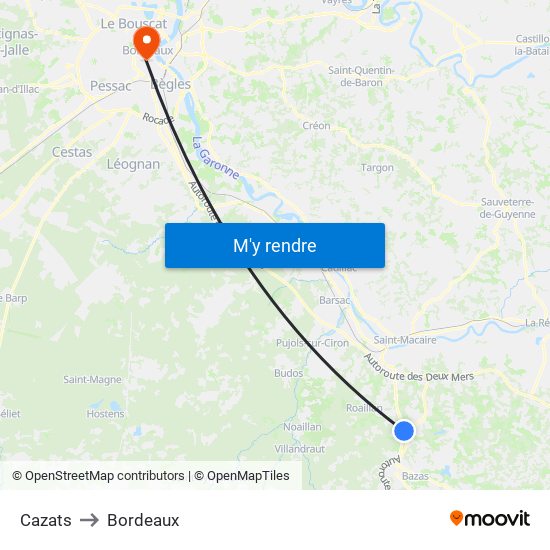 Cazats to Bordeaux map