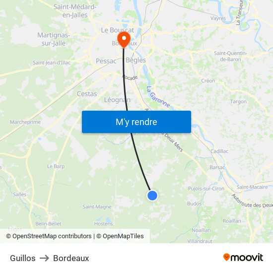 Guillos to Bordeaux map