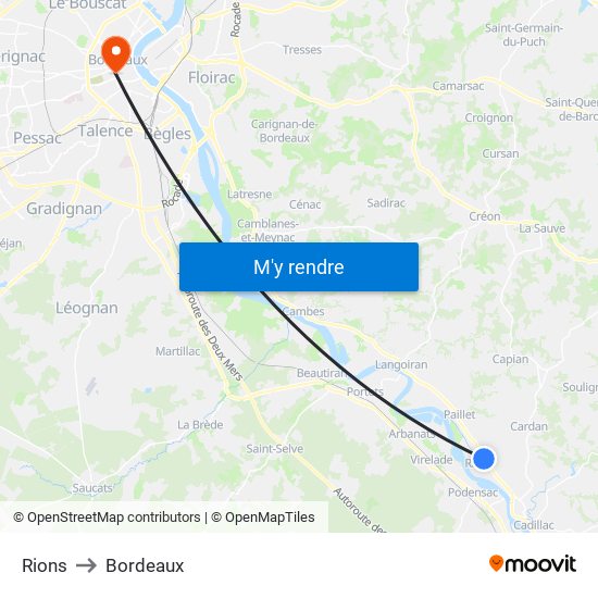 Rions to Bordeaux map