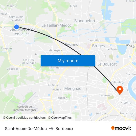 Saint-Aubin-De-Médoc to Bordeaux map