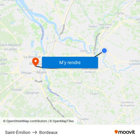 Saint-Émilion to Bordeaux map