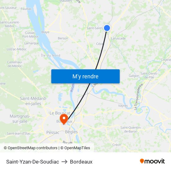 Saint-Yzan-De-Soudiac to Bordeaux map