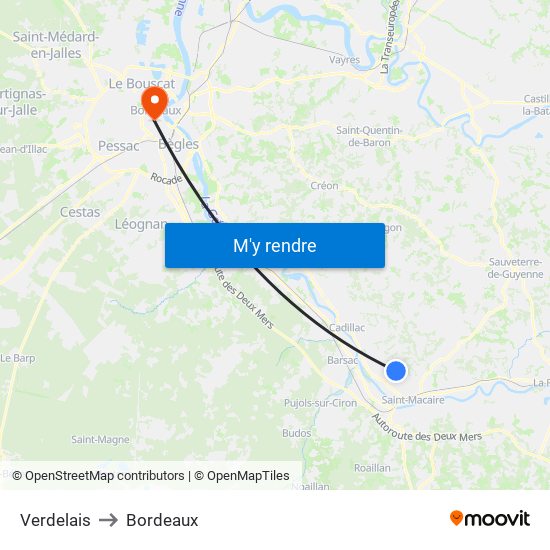 Verdelais to Bordeaux map