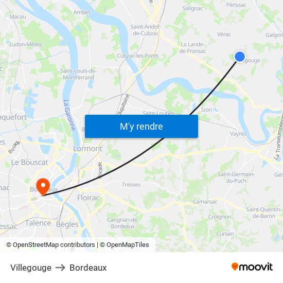 Villegouge to Bordeaux map