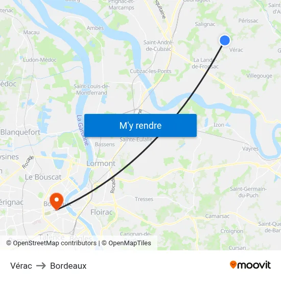 Vérac to Bordeaux map