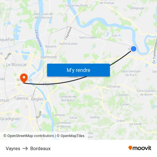 Vayres to Bordeaux map