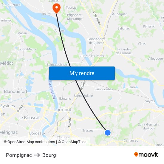 Pompignac to Bourg map