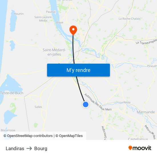 Landiras to Bourg map