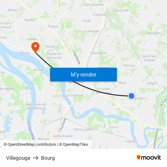 Villegouge to Bourg map