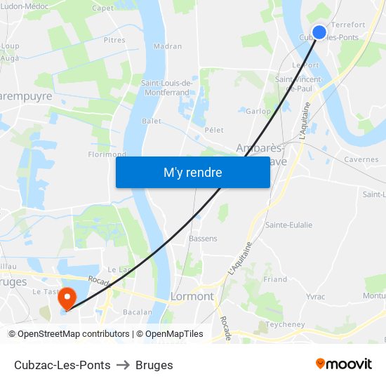 Cubzac-Les-Ponts to Bruges map