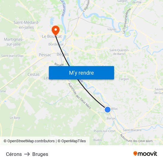 Cérons to Bruges map