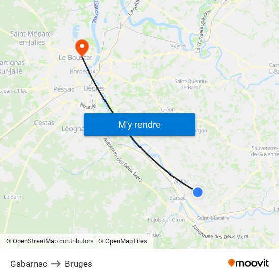 Gabarnac to Bruges map