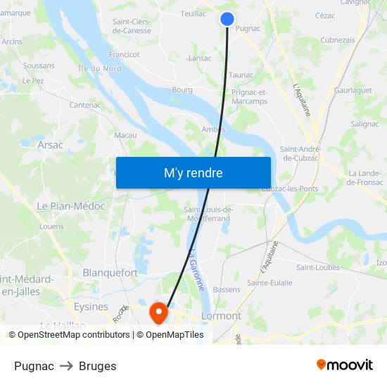 Pugnac to Bruges map