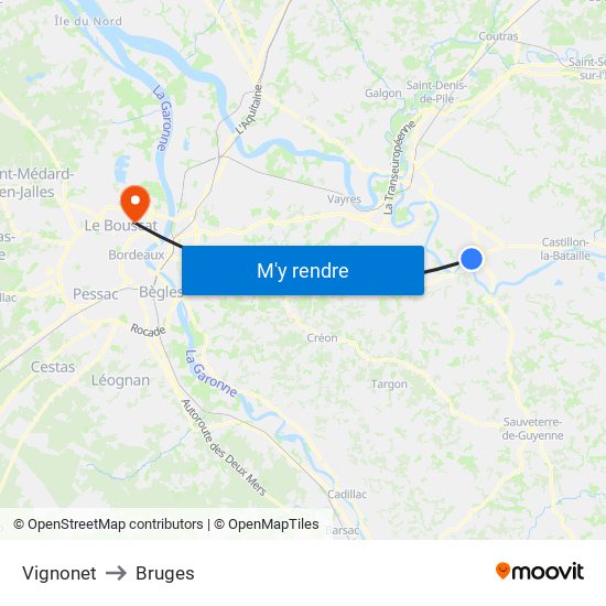 Vignonet to Bruges map