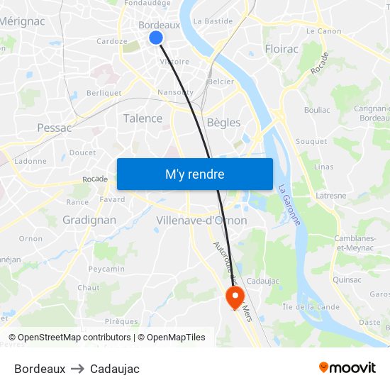 Bordeaux to Cadaujac map