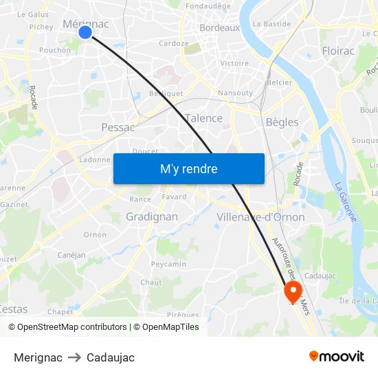 Merignac to Cadaujac map