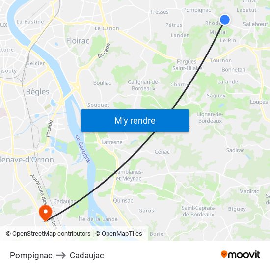 Pompignac to Cadaujac map