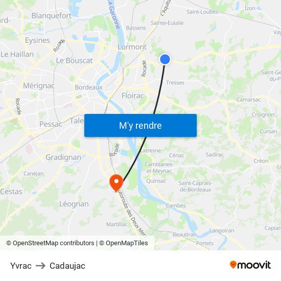 Yvrac to Cadaujac map