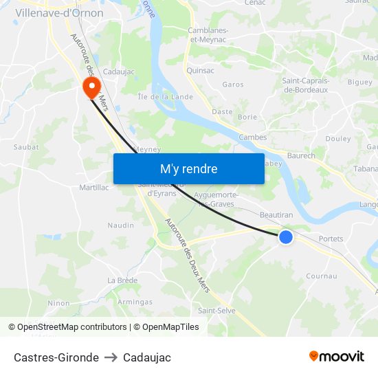 Castres-Gironde to Cadaujac map
