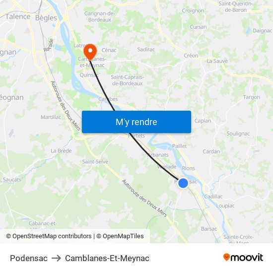 Podensac to Camblanes-Et-Meynac map