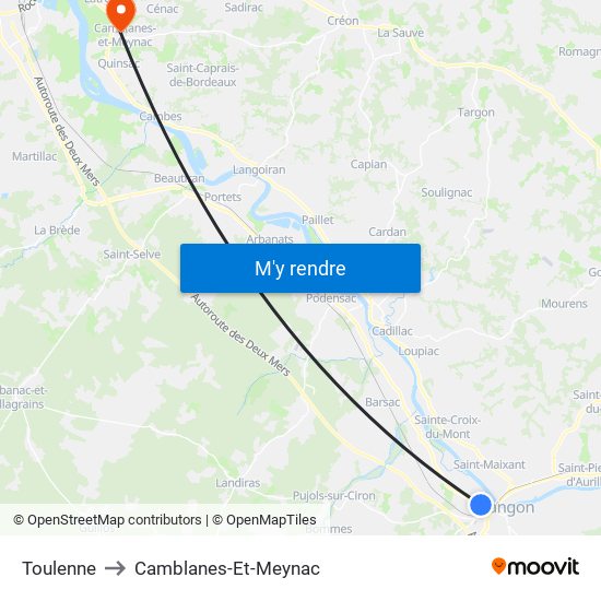 Toulenne to Camblanes-Et-Meynac map