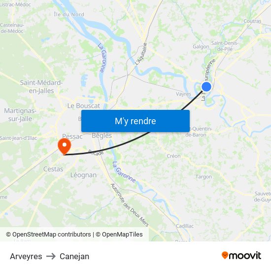 Arveyres to Canejan map