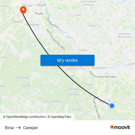 Birac to Canejan map