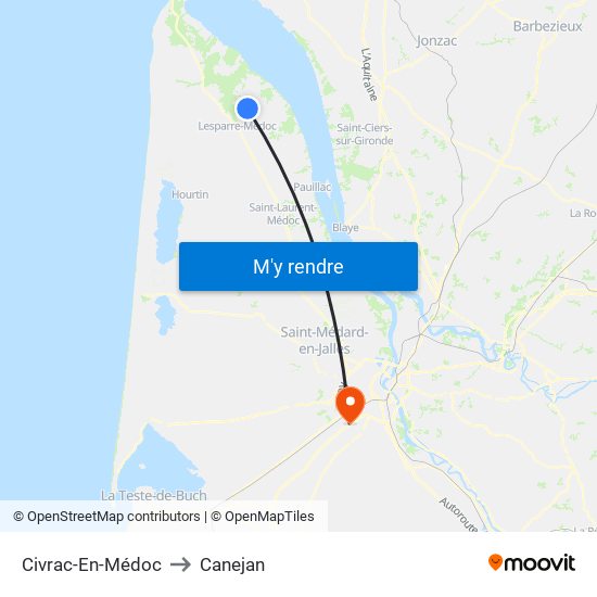 Civrac-En-Médoc to Canejan map