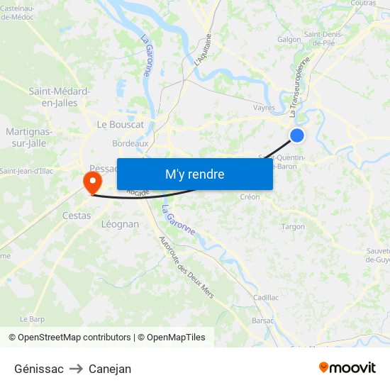 Génissac to Canejan map
