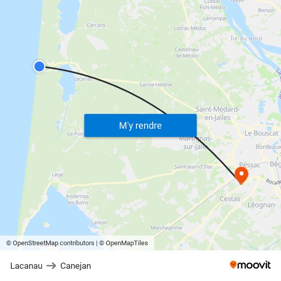 Lacanau to Canejan map