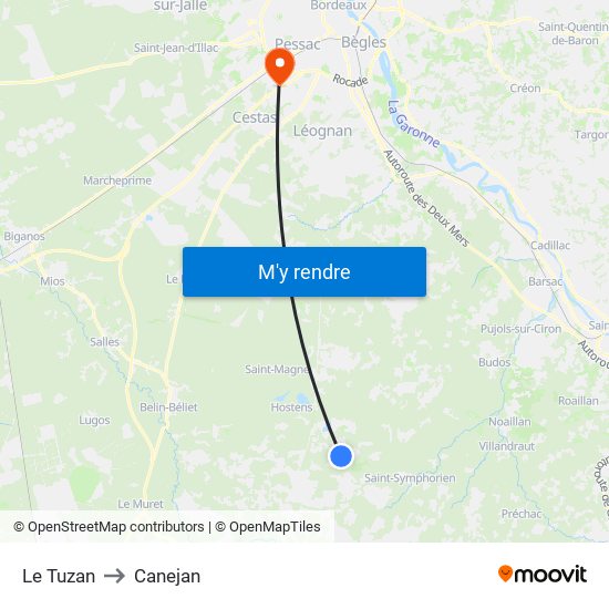 Le Tuzan to Canejan map