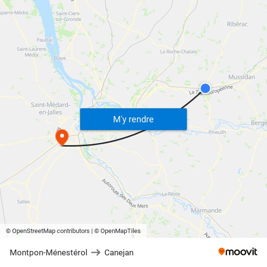 Montpon-Ménestérol to Canejan map