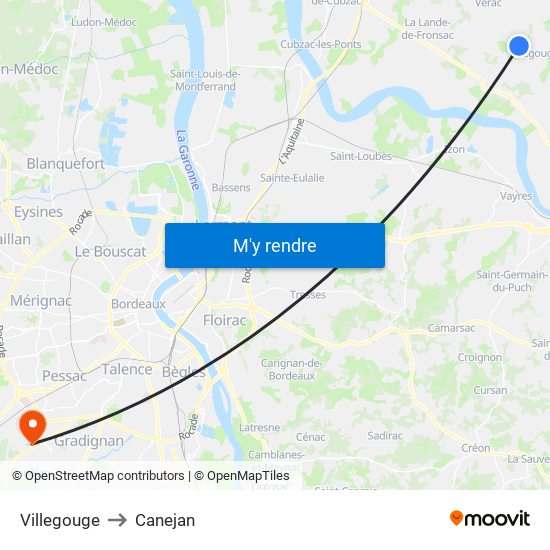 Villegouge to Canejan map